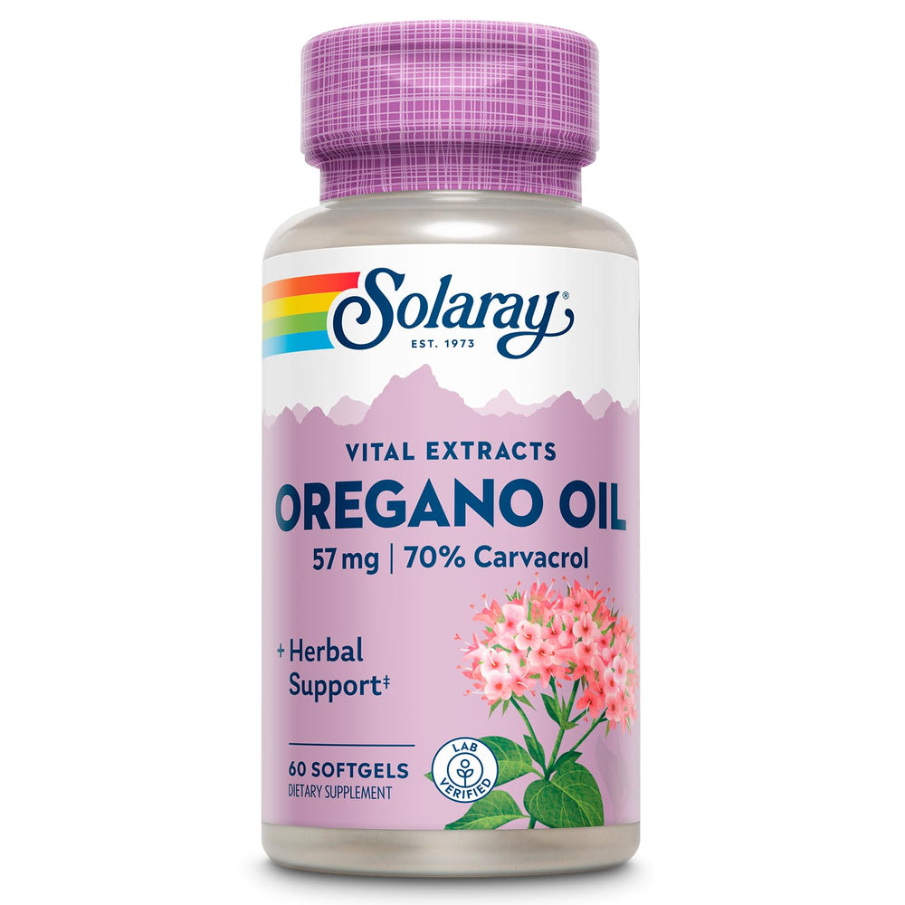 SOLARAY Oregano Oil Softgels bottle label showing 57 mg oregano oil