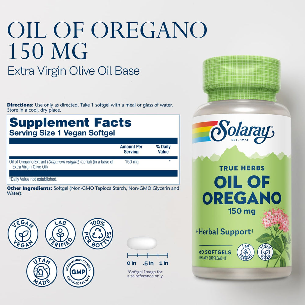 Close-up of oregano oil softgels ingredients label