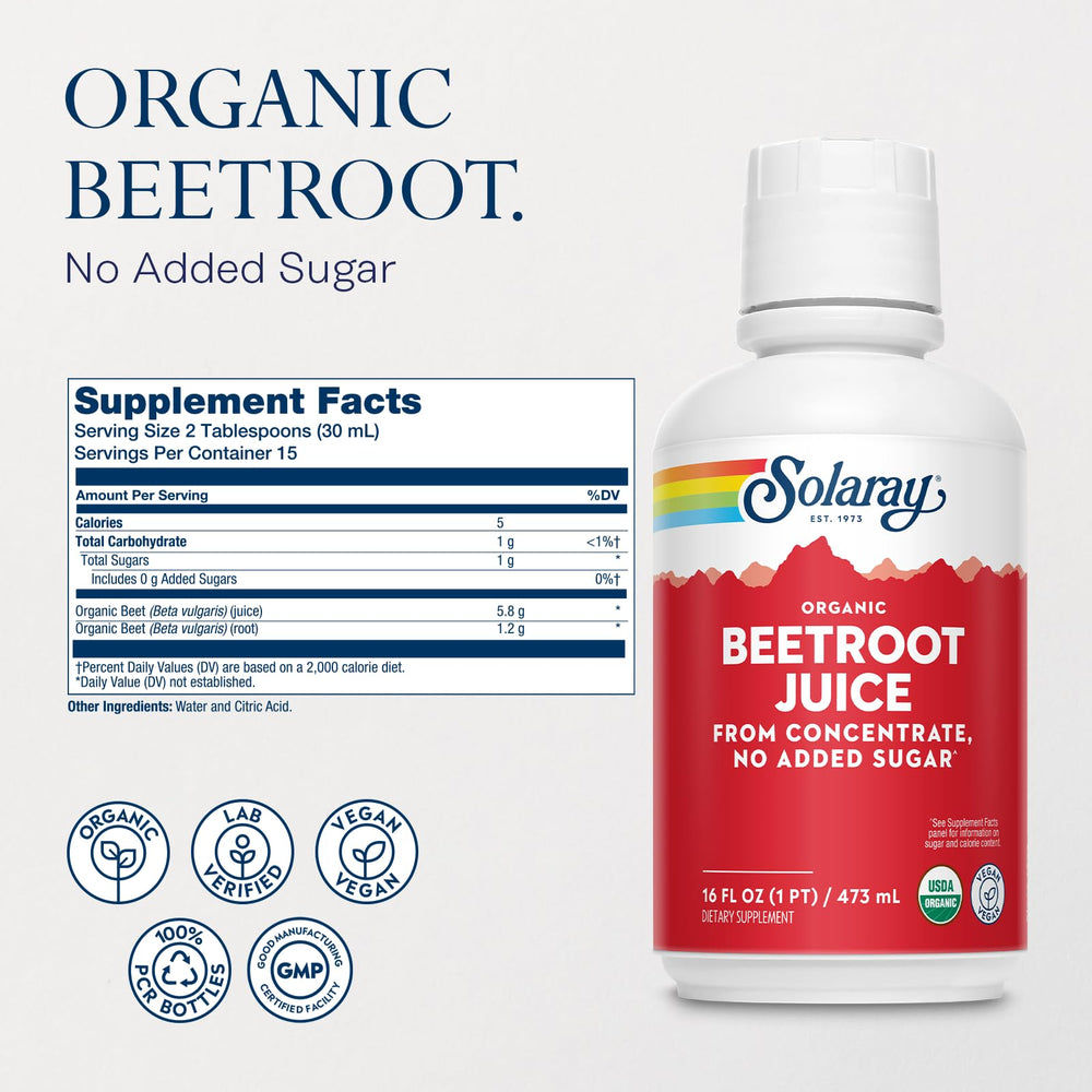 Close-up of Solaray Beetroot Juice from Concentrate label