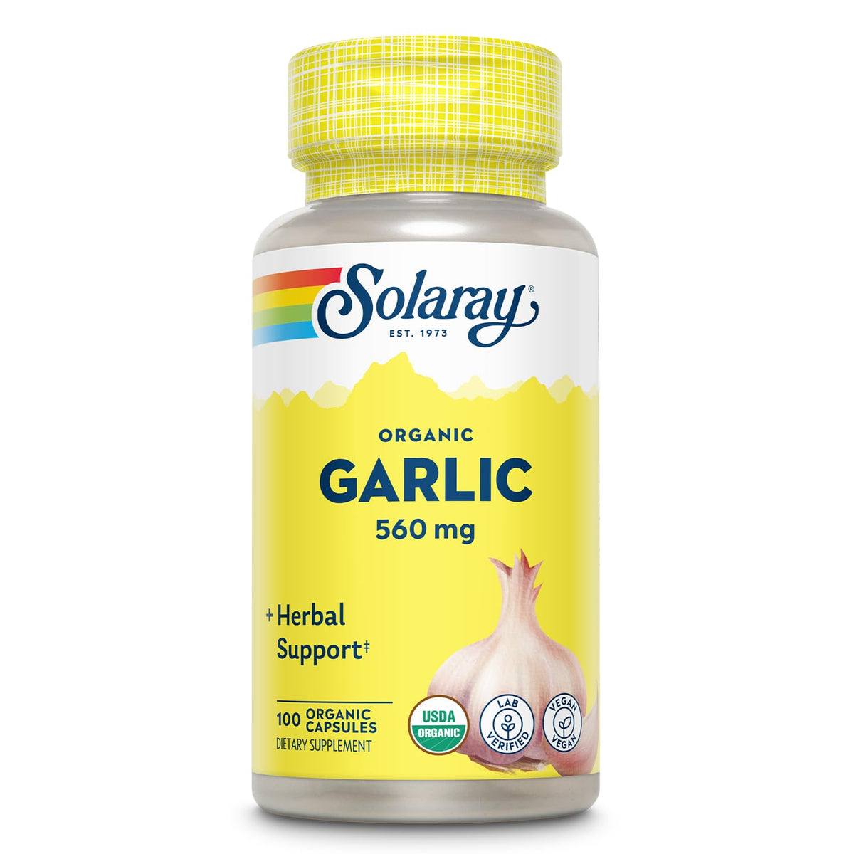 Bottle of Solaray Organic Garlic Pills with label