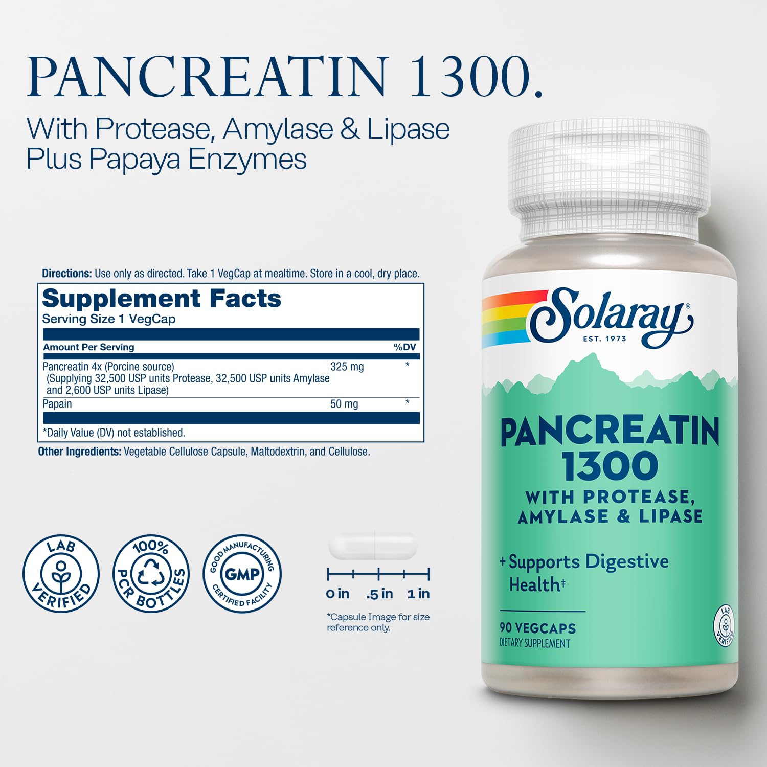 Close-up of Pancreatin enzymes listing: 1300 mg activity