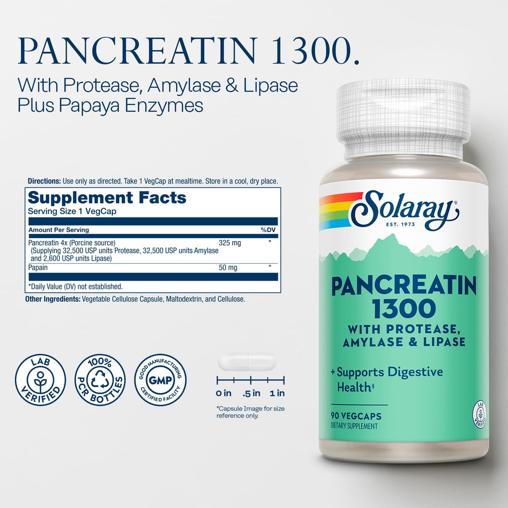 Close-up of Pancreatin enzymes listing: 1300 mg activity