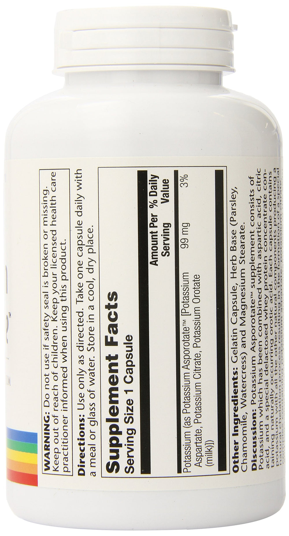 Nutrition facts panel of Solaray Potassium Asporotate