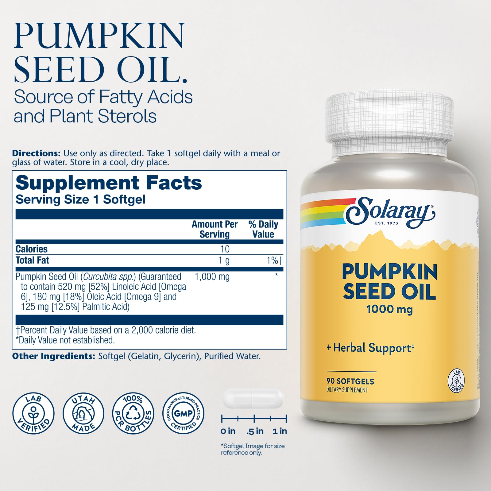 Nutritional per-serving details for Solaray Pumpkin Seed Oil.