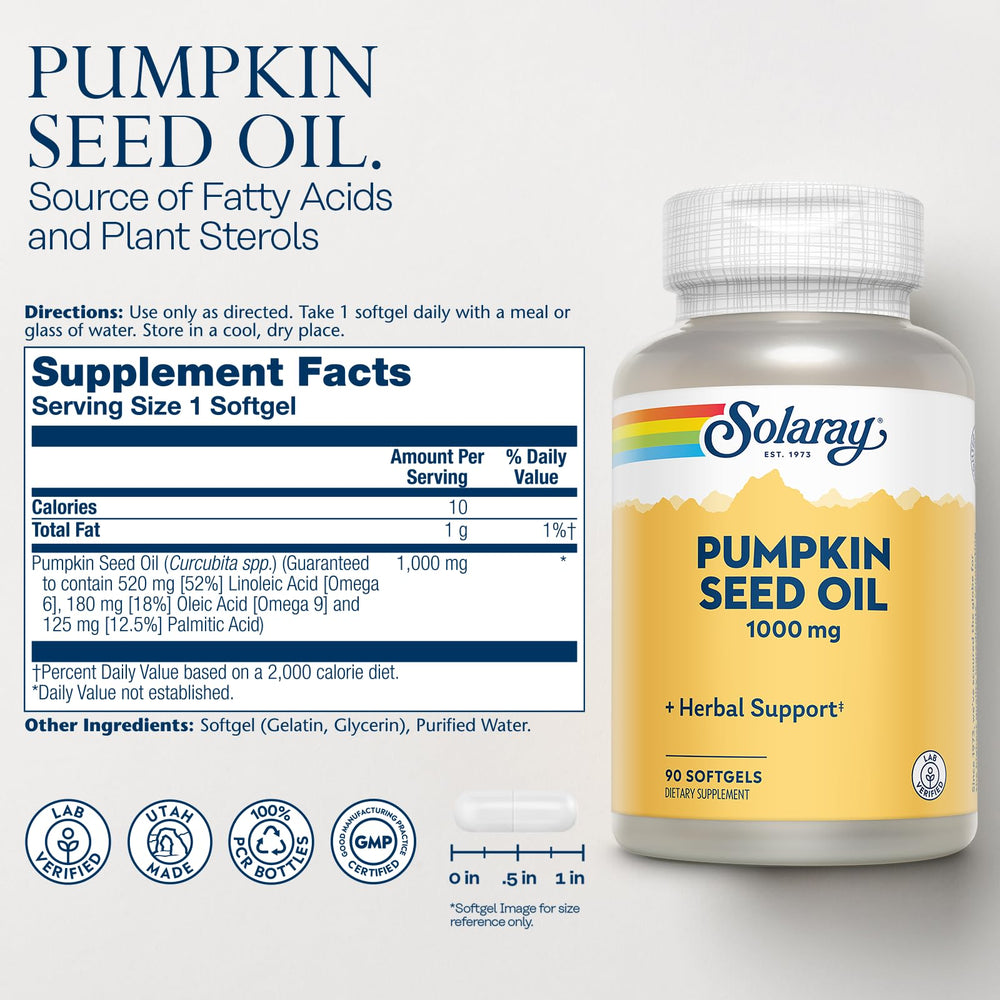 Nutritional per-serving details for Solaray Pumpkin Seed Oil.