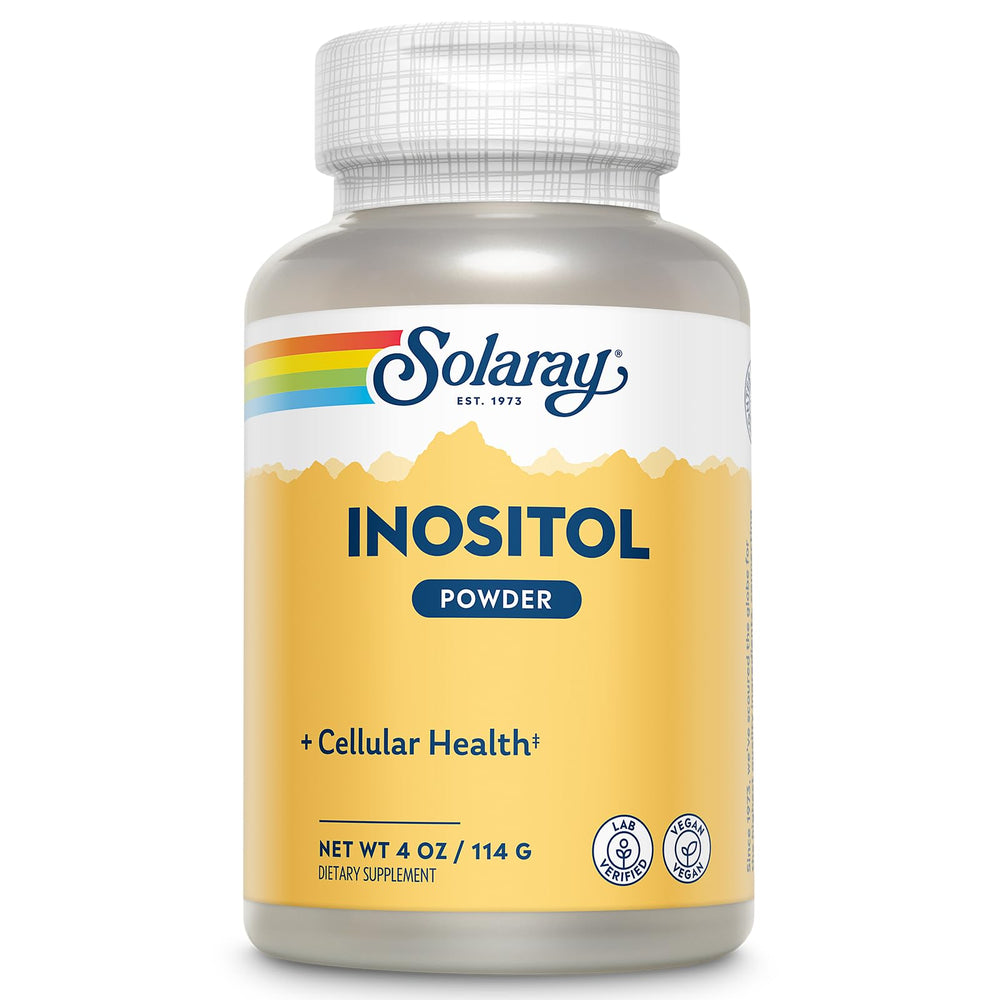 Solaray Pure Inositol Powder bottle with scoop on white background