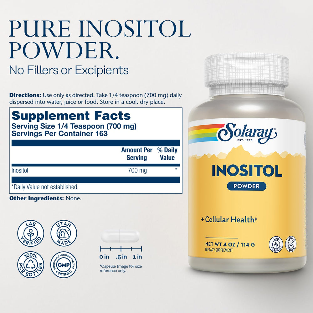 Close-up of Inositol powder measuring 1/4 teaspoon (700 mg)