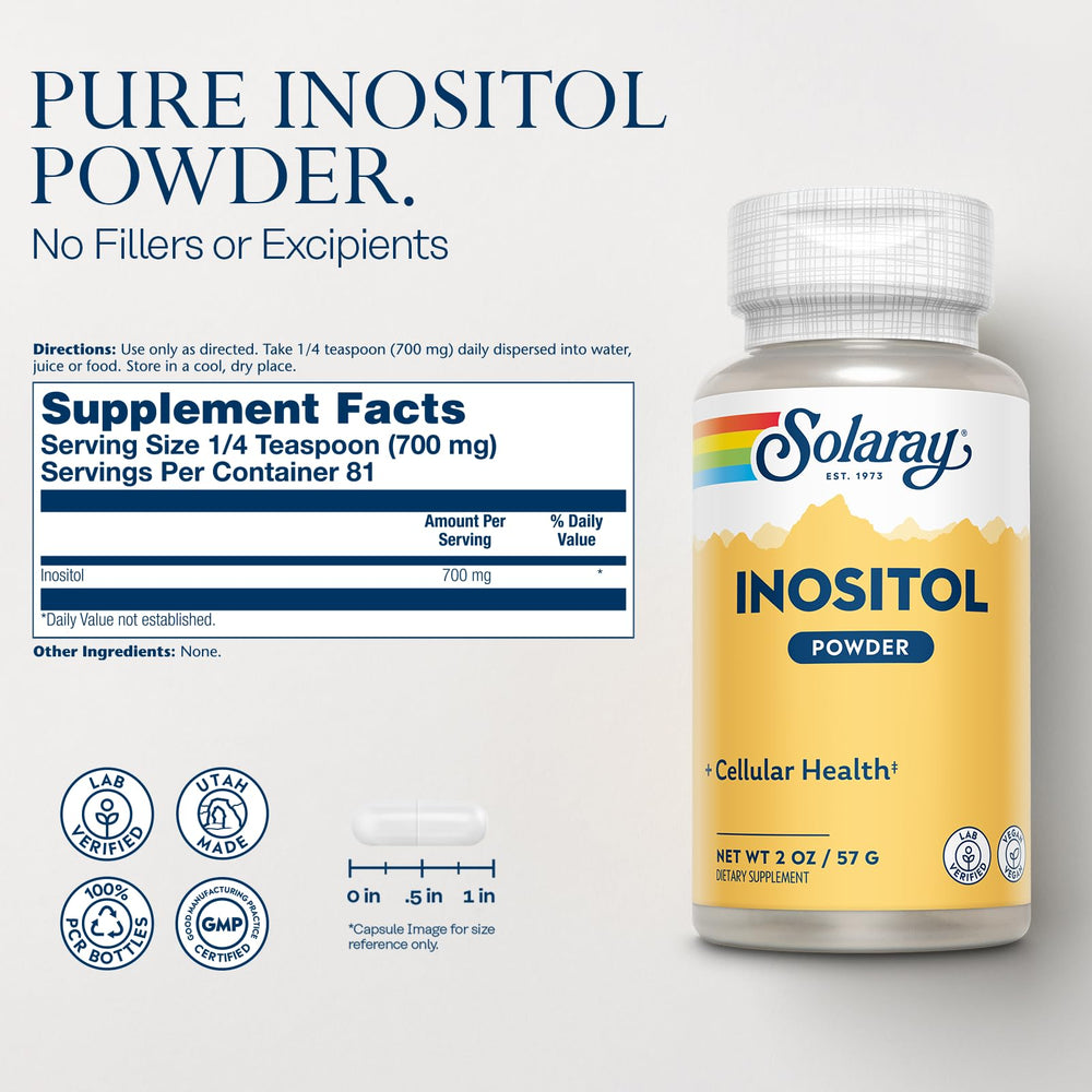 Measuring 1/4 teaspoon serving of SOLARAY Inositol powder