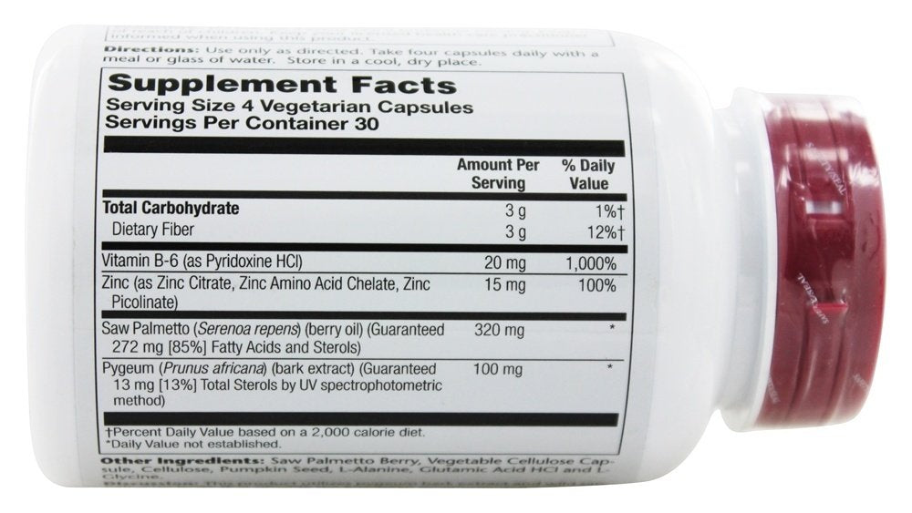 Supplement facts and ingredients panel for Solaray Pygeum & Saw Palmetto