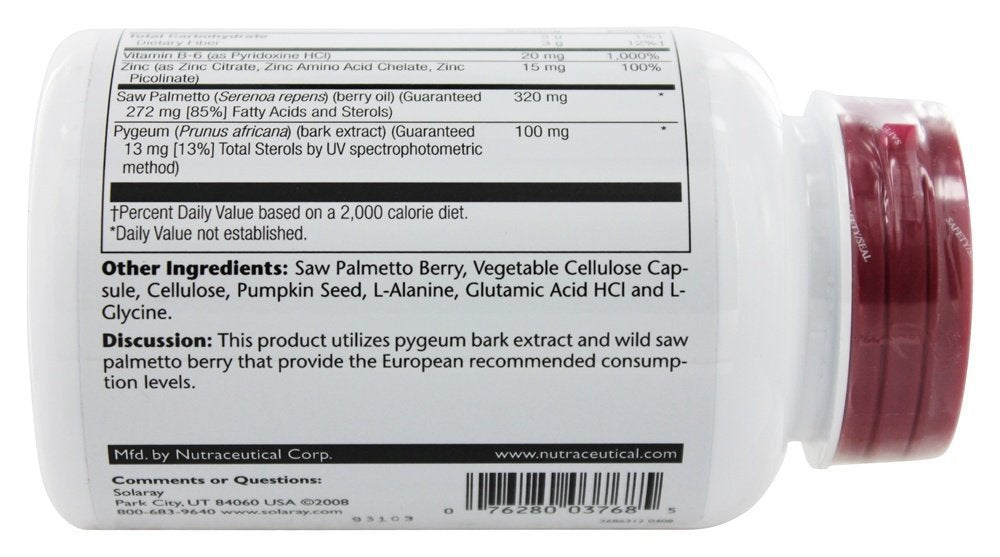 Branding and packaging image for Solaray Pygeum & Saw Palmetto