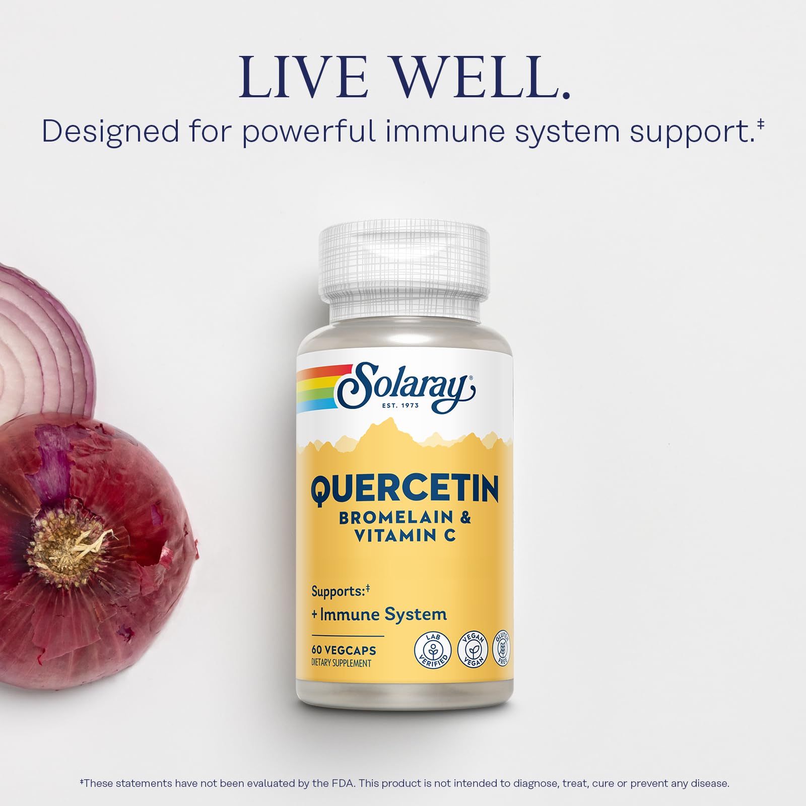 Graphic highlighting quercetin 500 mg, bromelain 50 mg, and vitamin C 1235 mg