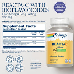Close-up of Reacta-C label highlighting 500mg Vitamin C and bioflavonoids