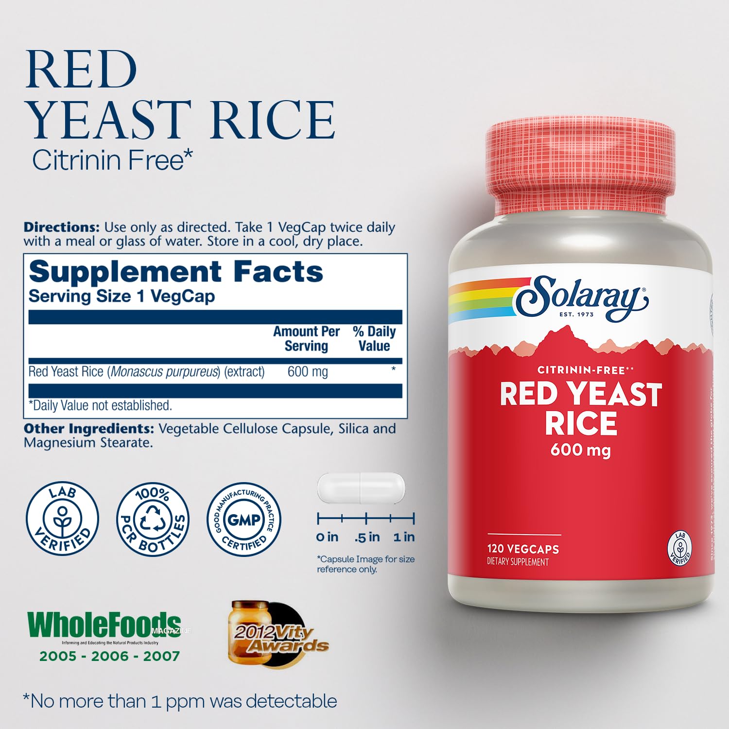 Close-up of Solaray Red Yeast Rice 600mg label