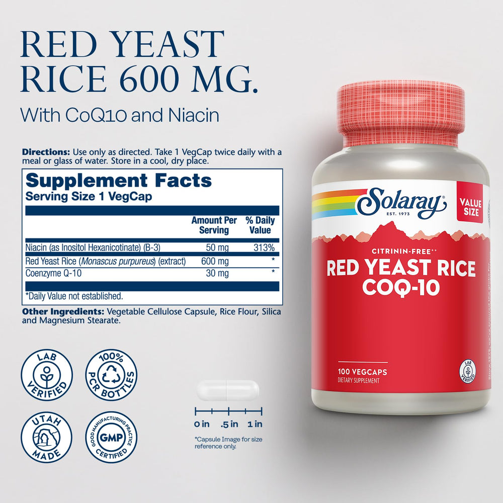 Close-up of SOLARAY Red Yeast Rice CoQ10 packaging