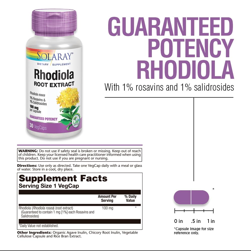 SOLARAY Rhodiola Root Extract bottle back label showing ingredients