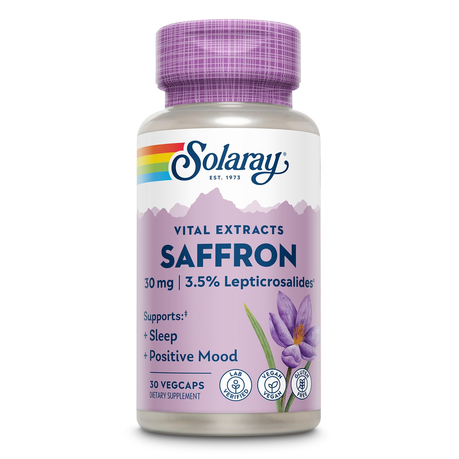 Front view of SOLARAY Saffron Extract bottle with 30 VegCaps