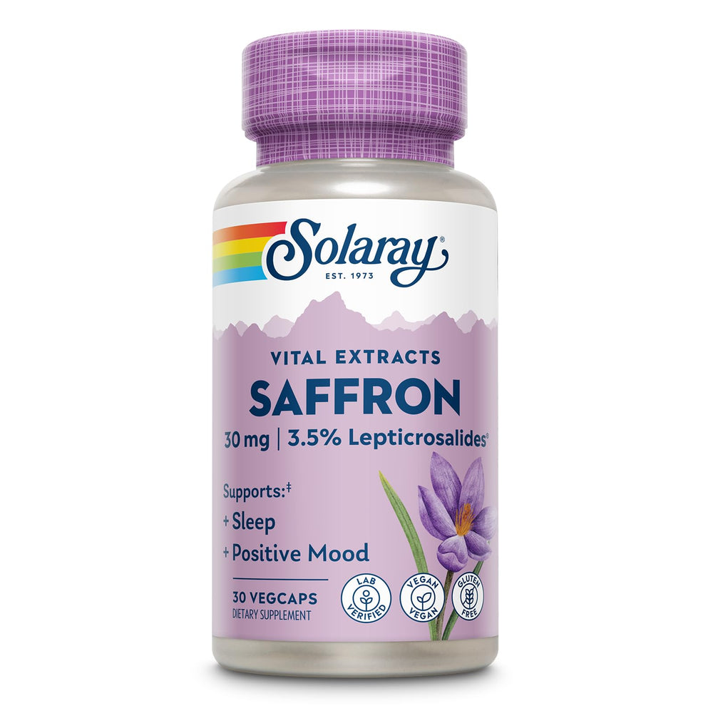 Front view of SOLARAY Saffron Extract bottle with 30 VegCaps