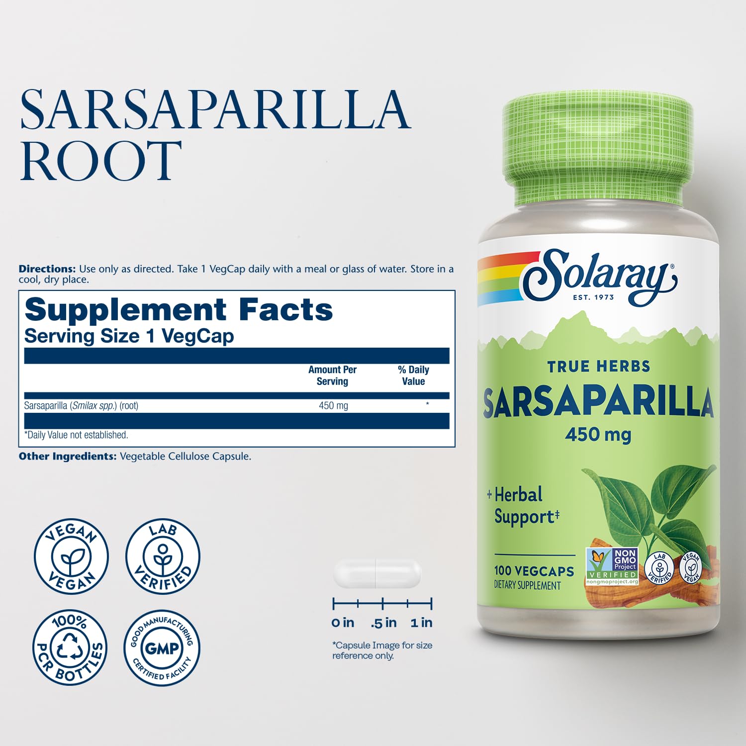 Close-up of SOLARAY Sarsaparilla Root 450 mg VegCaps