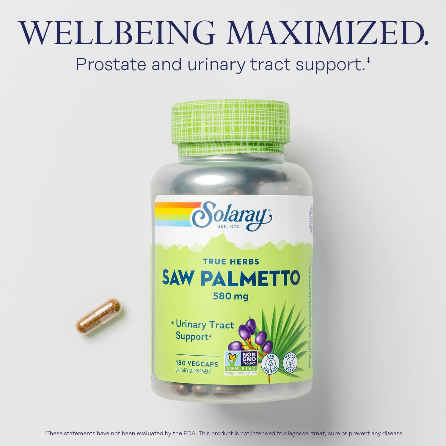 Vegetarian capsule of SOLARAY Saw Palmetto Berry 580 mg
