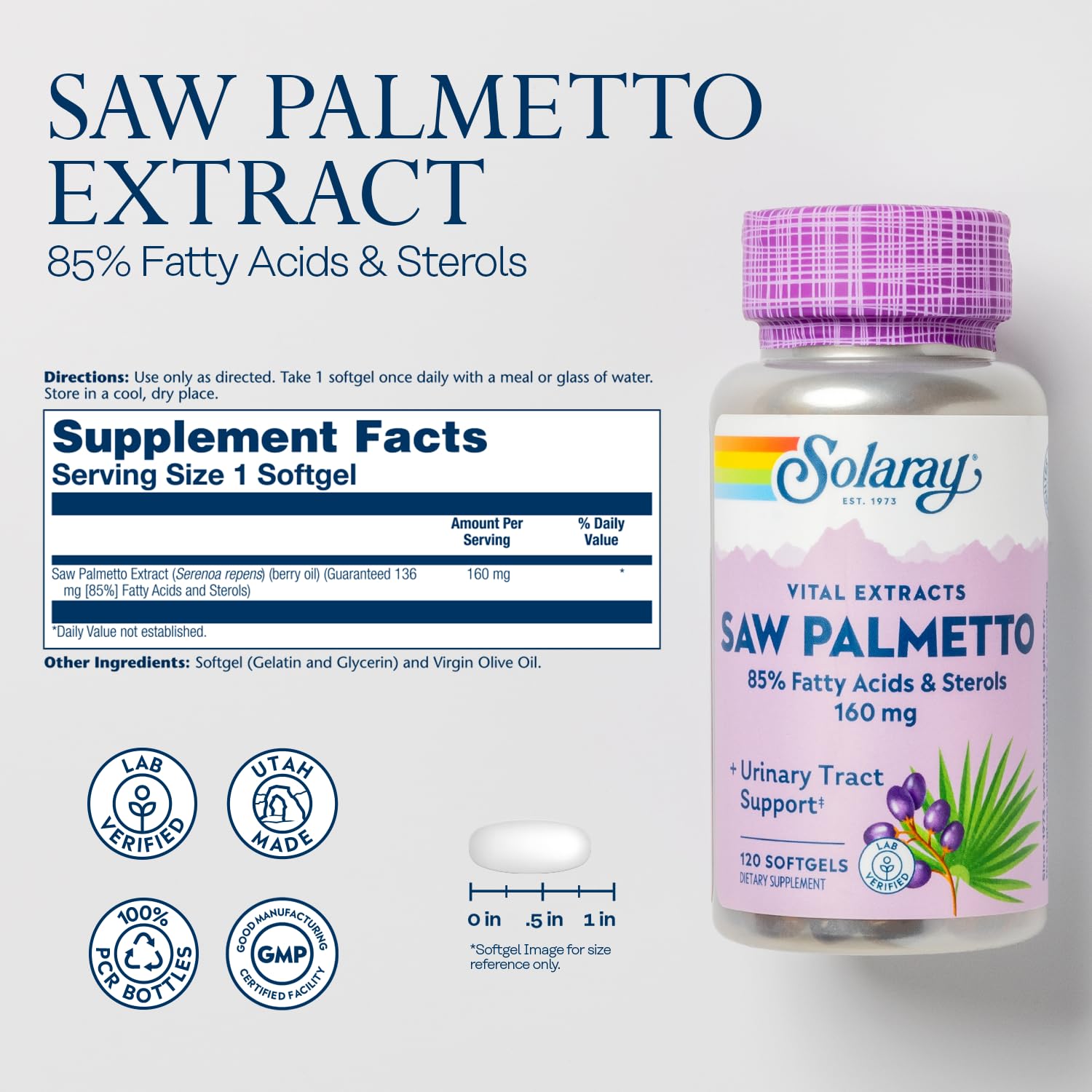 Close-up of Saw Palmetto softgels showing berry oil