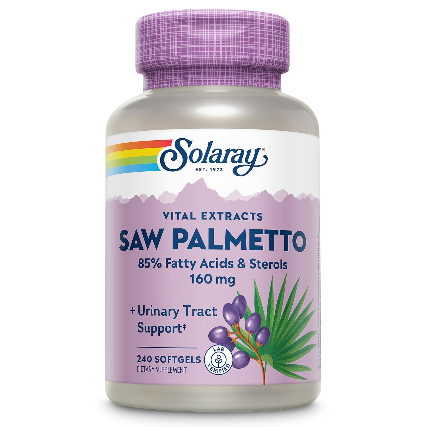 SOLARAY Saw Palmetto Extract bottle label shows 240 softgels