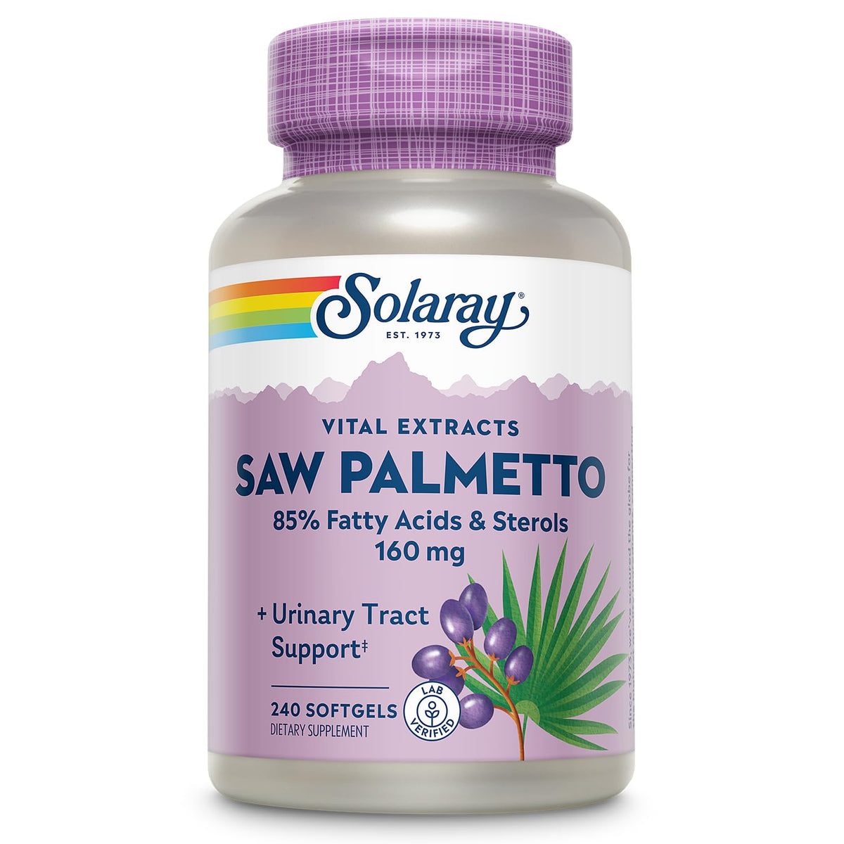 SOLARAY Saw Palmetto Extract bottle label shows 240 softgels