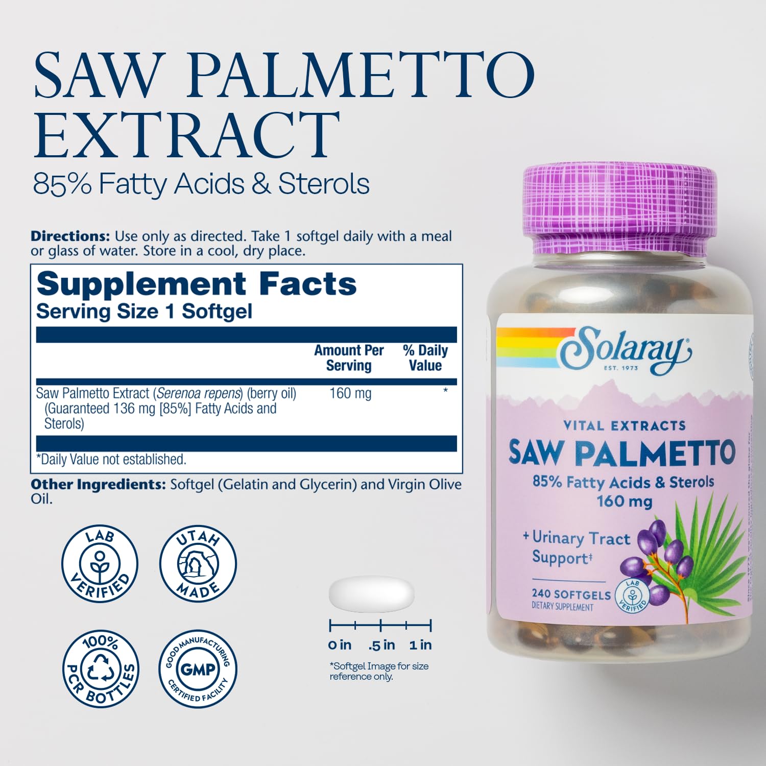 Close-up of Saw Palmetto softgels in bottle