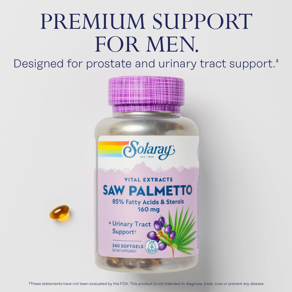 Graphic illustrating 160 mg saw palmetto per softgel and 136 mg fatty acids & sterols