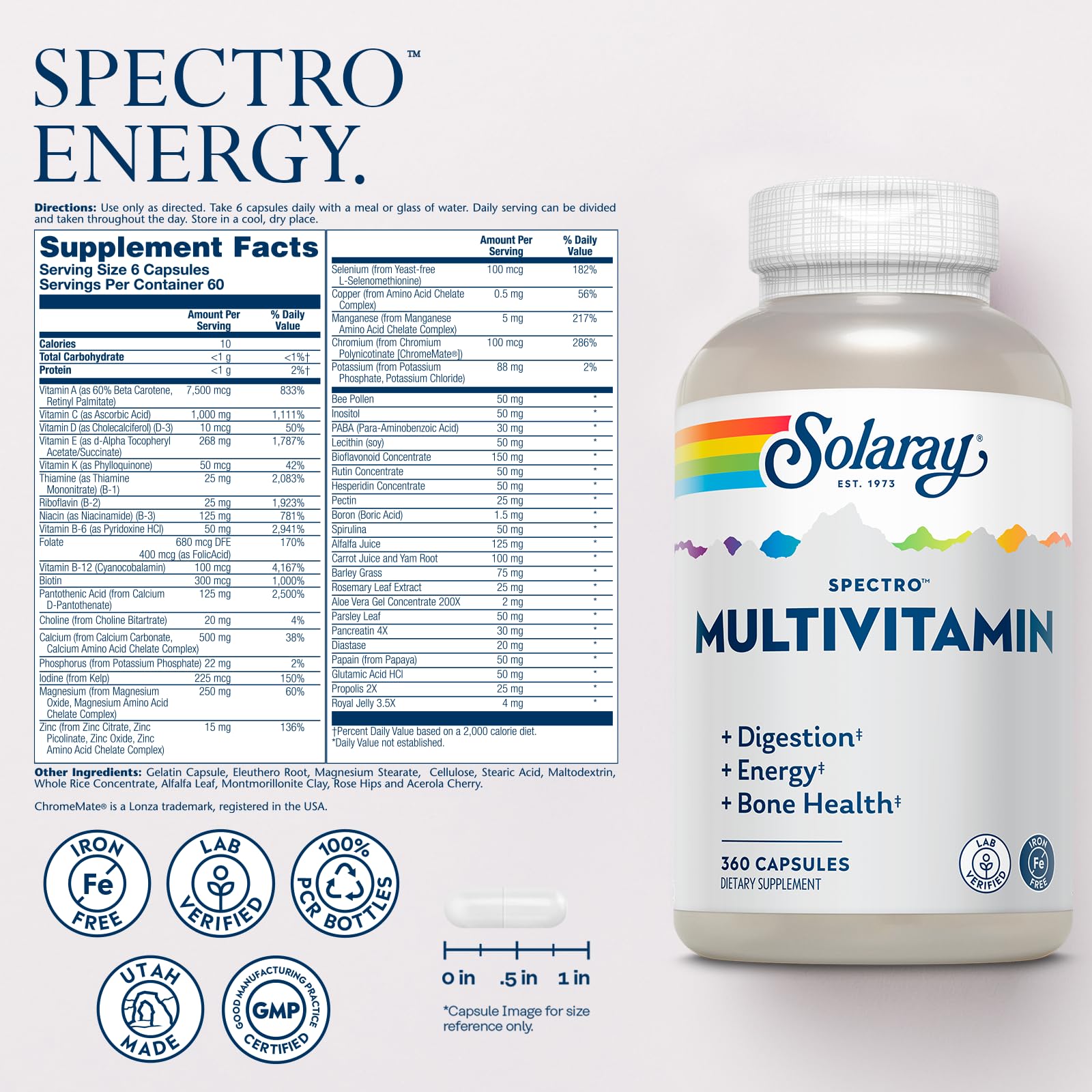 Close-up of SOLARAY Spectro Multivitamin Iron Free label showing 60 servings