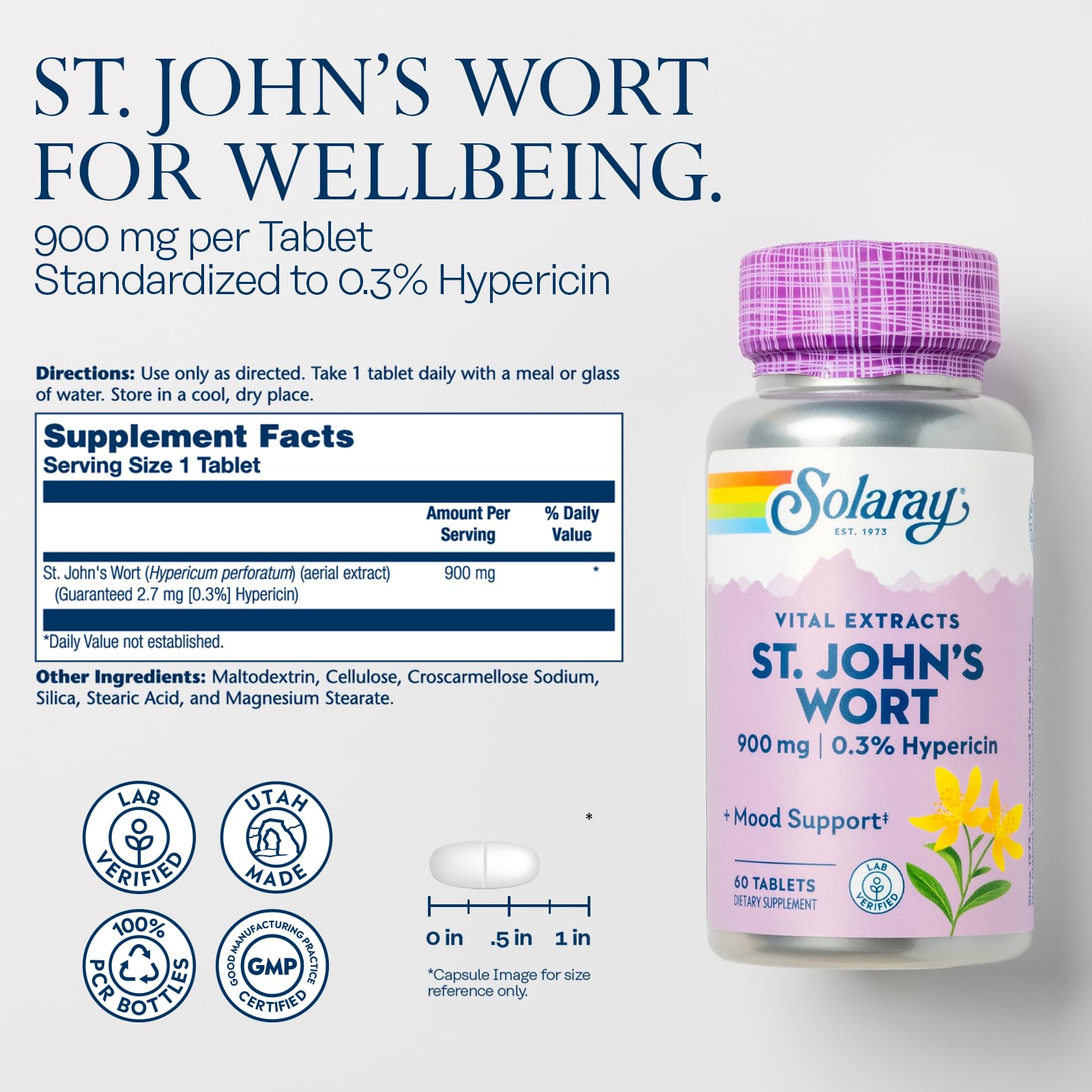 SOLARAY St. Johns Wort 900mg One Daily bottle back with supplement facts