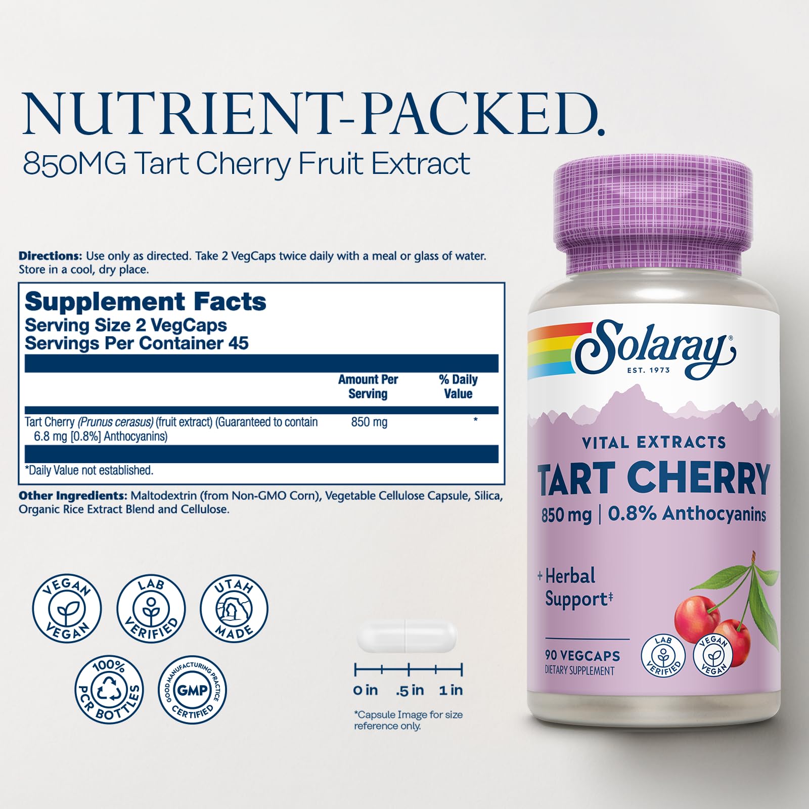 Close-up of Tart Cherry Capsules bottle and label