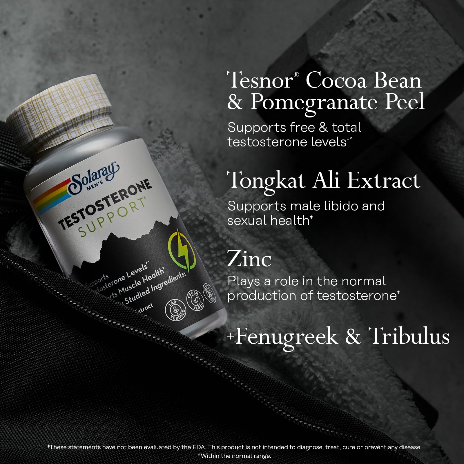 SOLARAY Zinc tablet emphasizing normal testosterone production support.