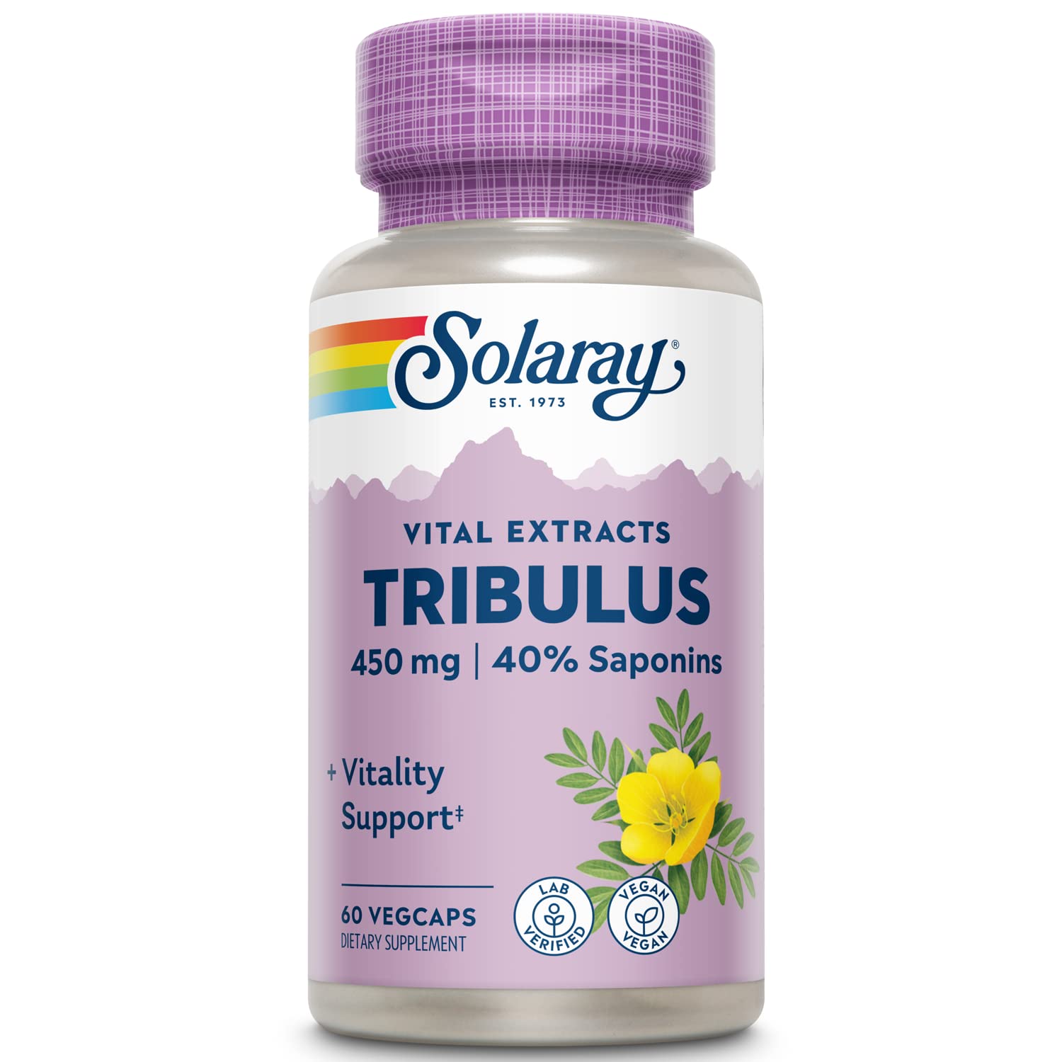 Close-up of Solaray Tribulus Fruit Extract Veg Cap 450 mg bottle