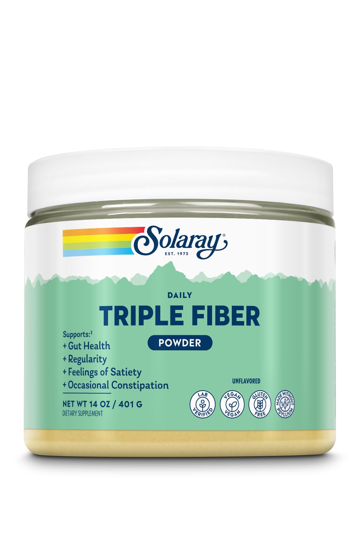 Bottle of SOLARAY Triple Fiber Powder 14 oz on a clean surface.