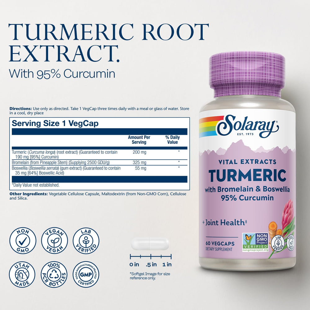 Close-up of turmeric curcumin 95% potency on bottle label