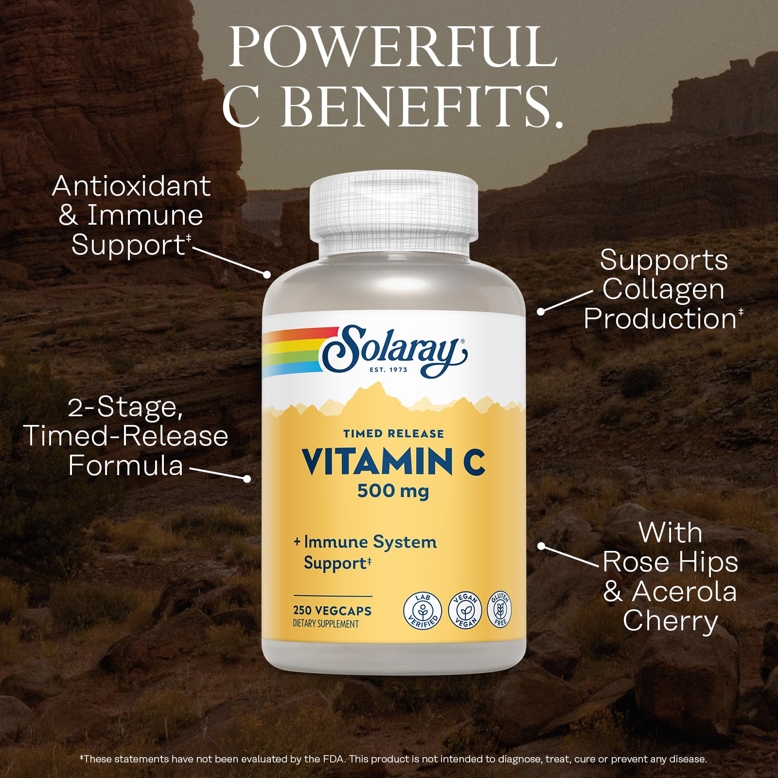 Vegan and gluten-free certification label on Solaray Vitamin C