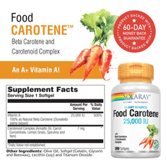 Label showing Beta Carotene, Alpha Carotene, Cryptoxanthin, Zeaxanthin & Lutein
