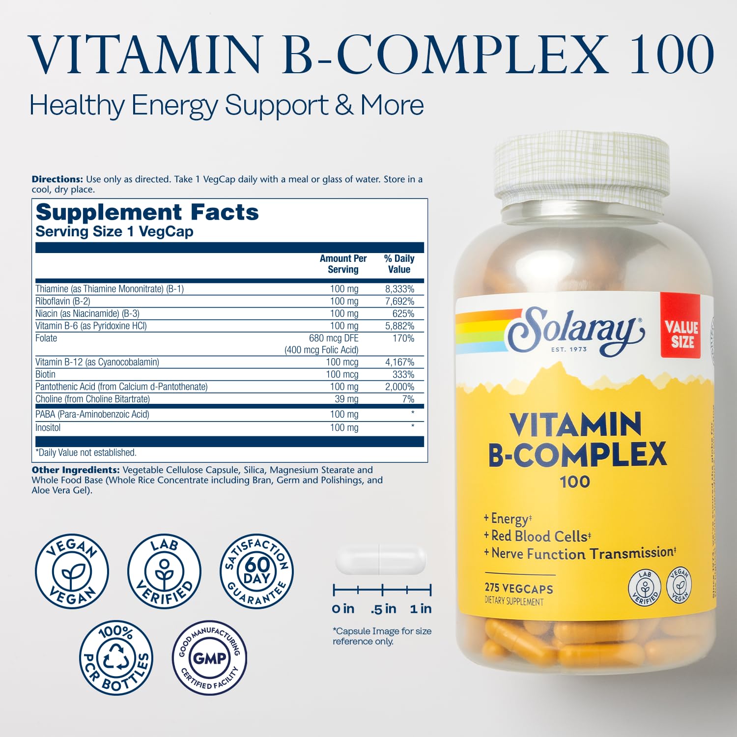 Close-up of Solaray Vitamin B Complex 100 mg label