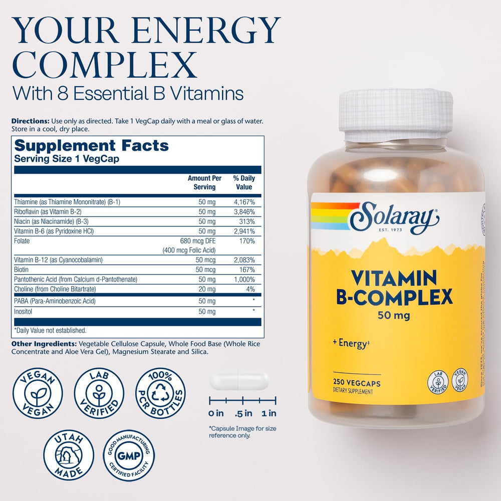 Solaray Vitamin B Complex bottle with capsule close-up