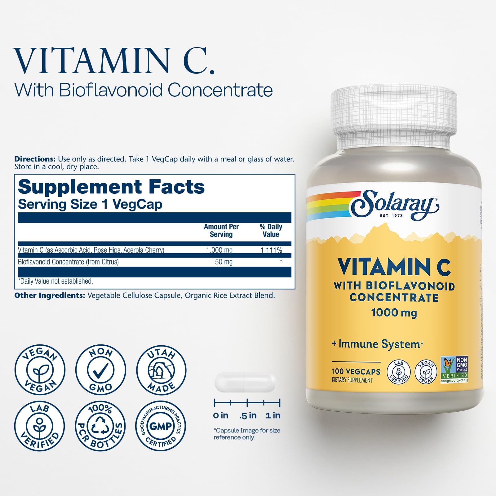Close-up of Solaray Vitamin C label showing 1000mg and bioflavonoids