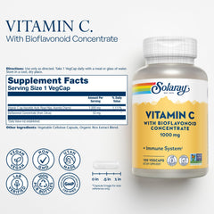 Close-up of Solaray Vitamin C label showing 1000mg and bioflavonoids