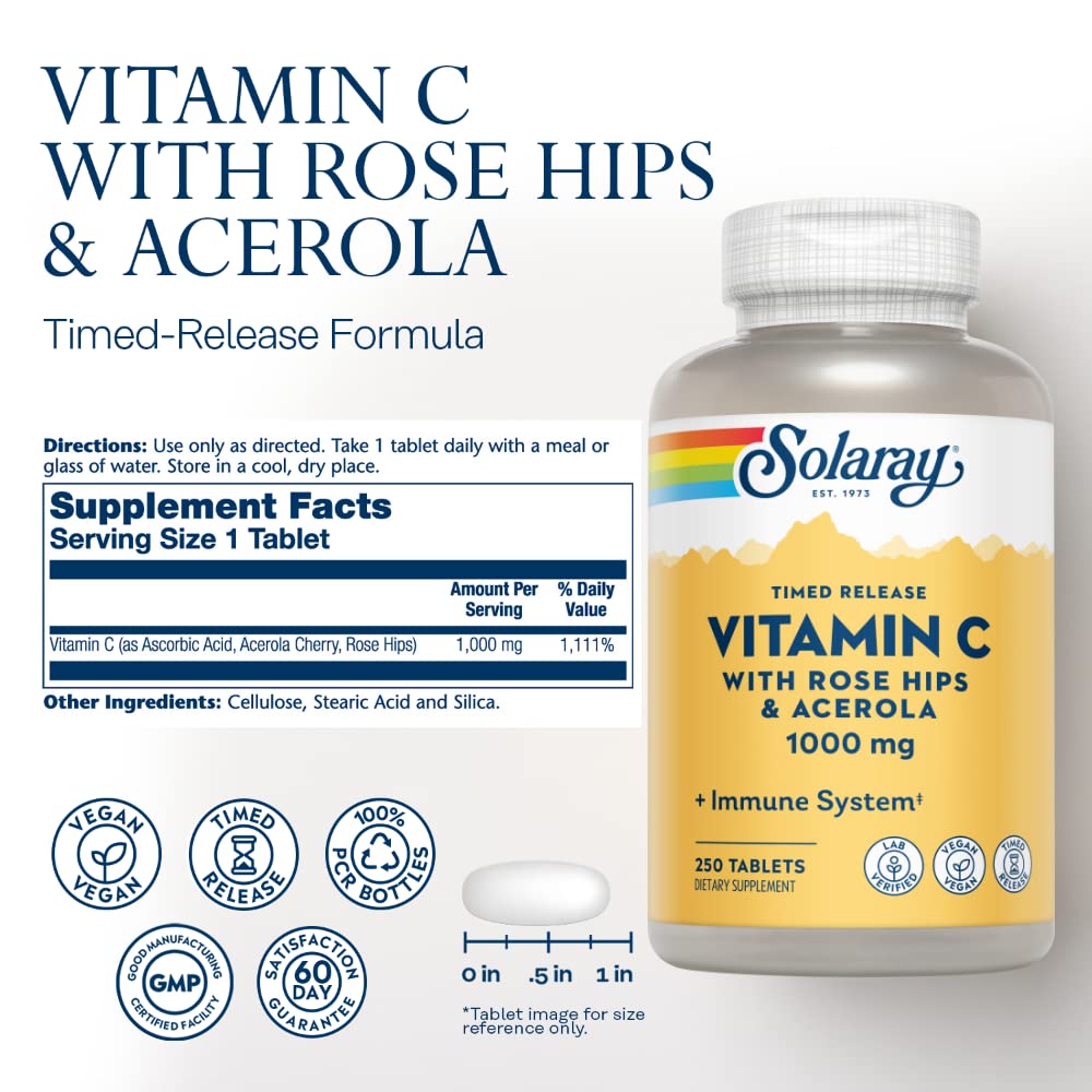 Close-up of SOLARAY Vitamin C capsules illustrating two-stage timed-release