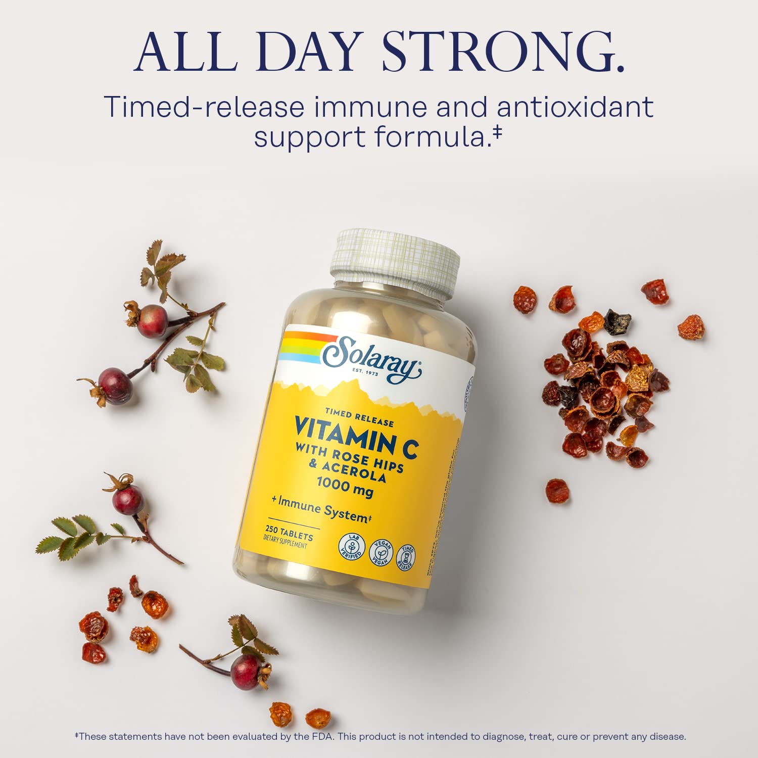 Front label of SOLARAY Vitamin C 1000mg bottle with Rose Hips & Acerola