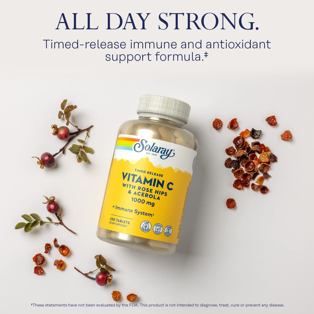 Front label of SOLARAY Vitamin C 1000mg bottle with Rose Hips & Acerola