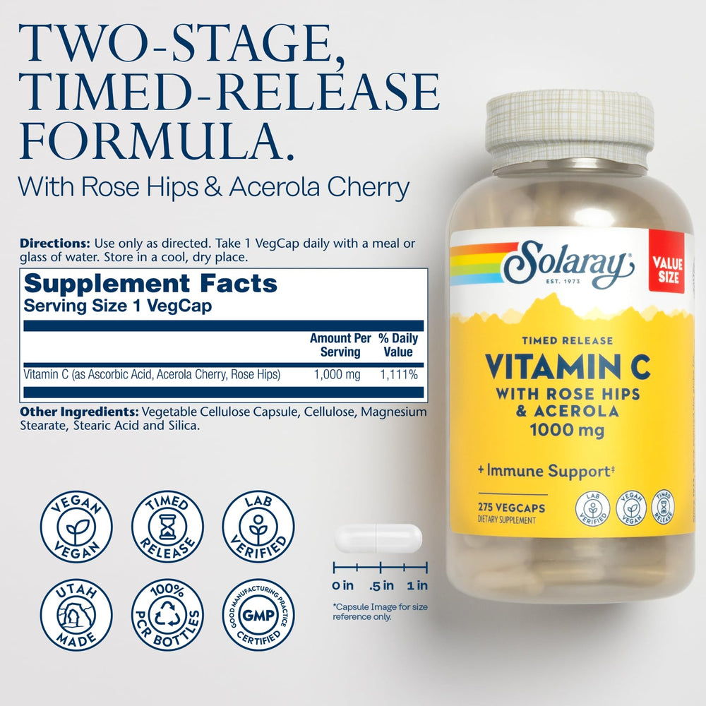 Close-up of SOLARAY Vitamin C 1000mg Timed Release bottle label