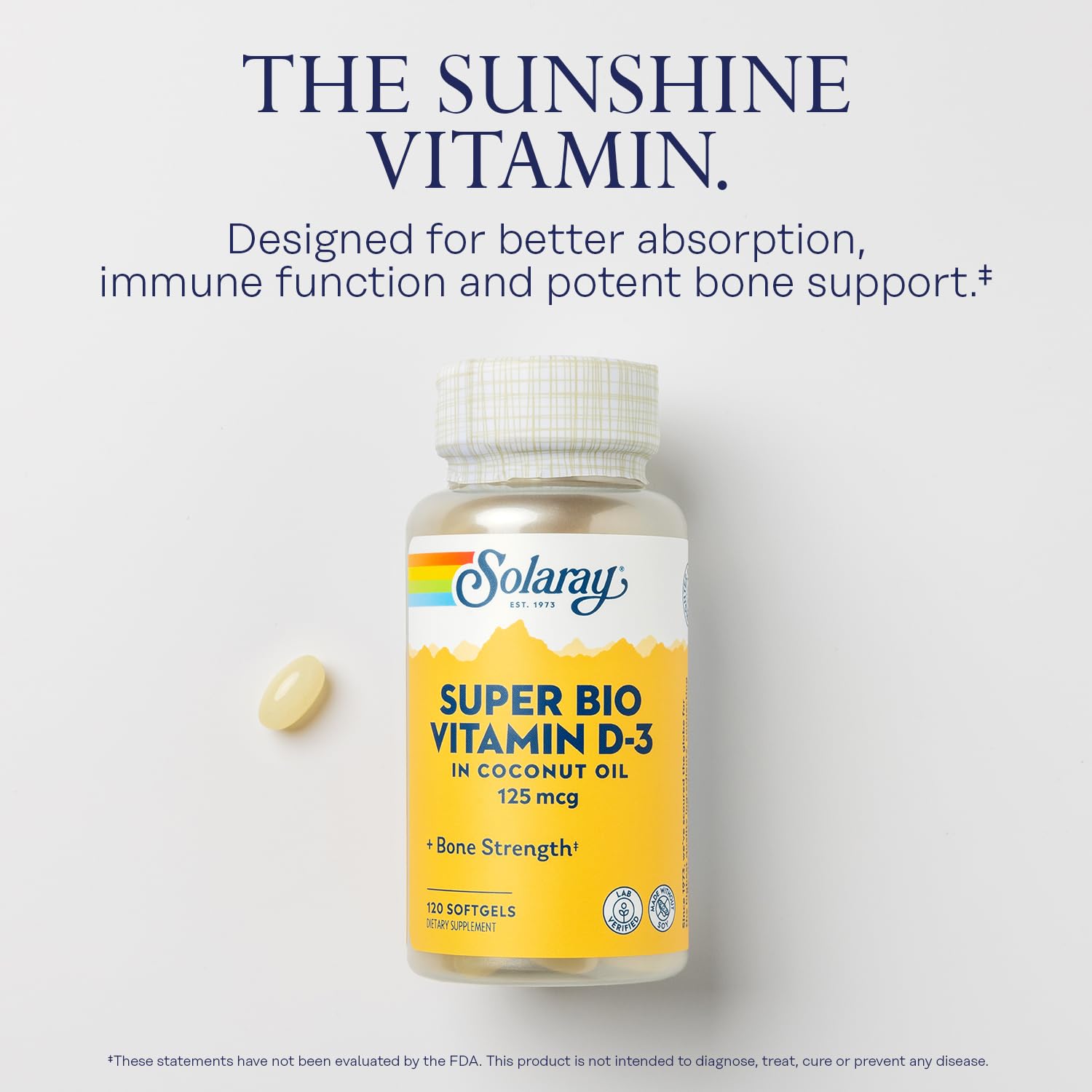 Front view of SOLARAY Vitamin D3 5000 IU bottle with label