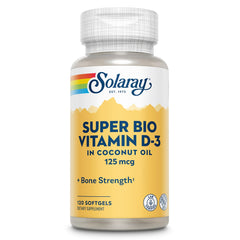 SOLARAY Vitamin D3 5000 IU softgels in coconut oil bottle