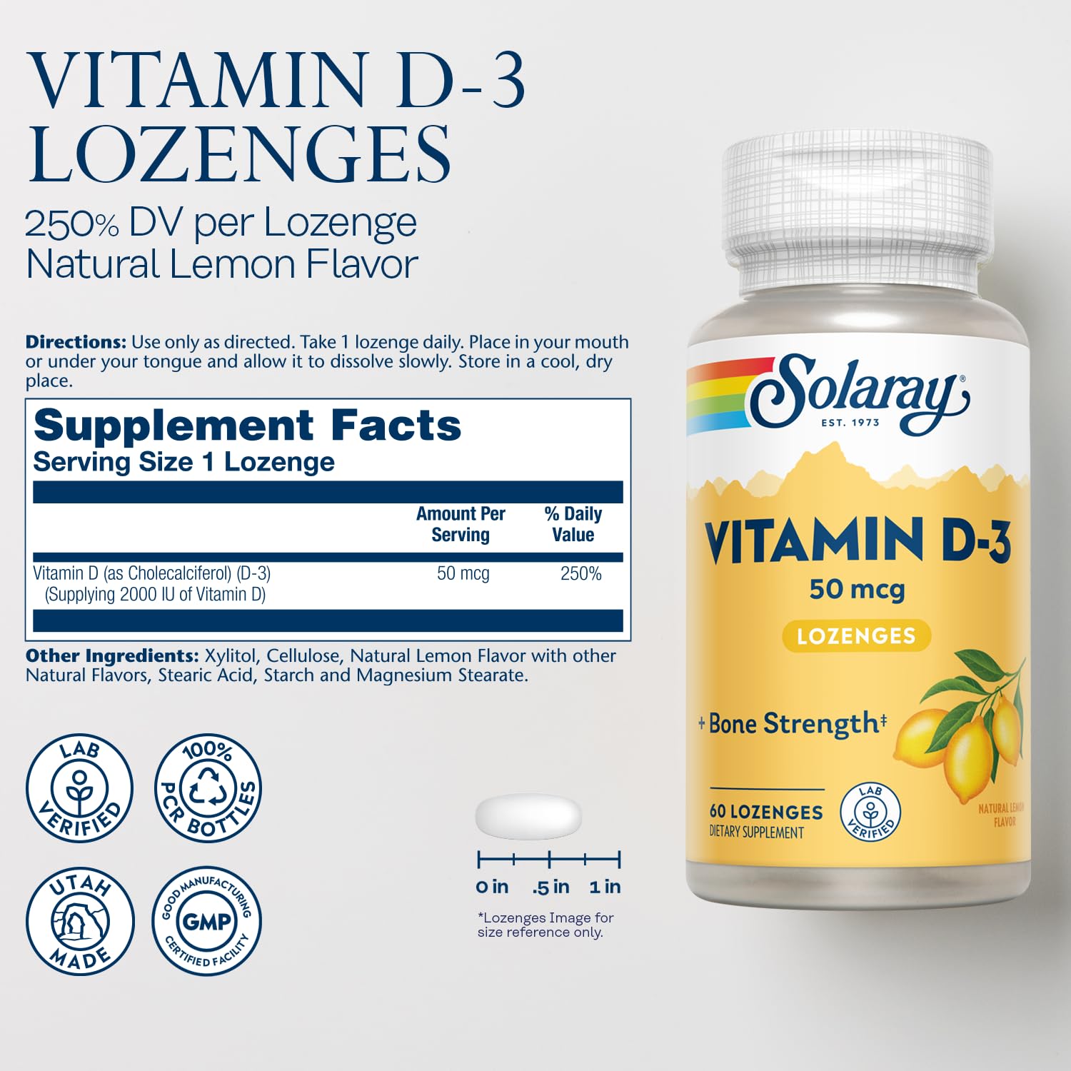 Close-up of lemon-flavored Vitamin D3 lozenges