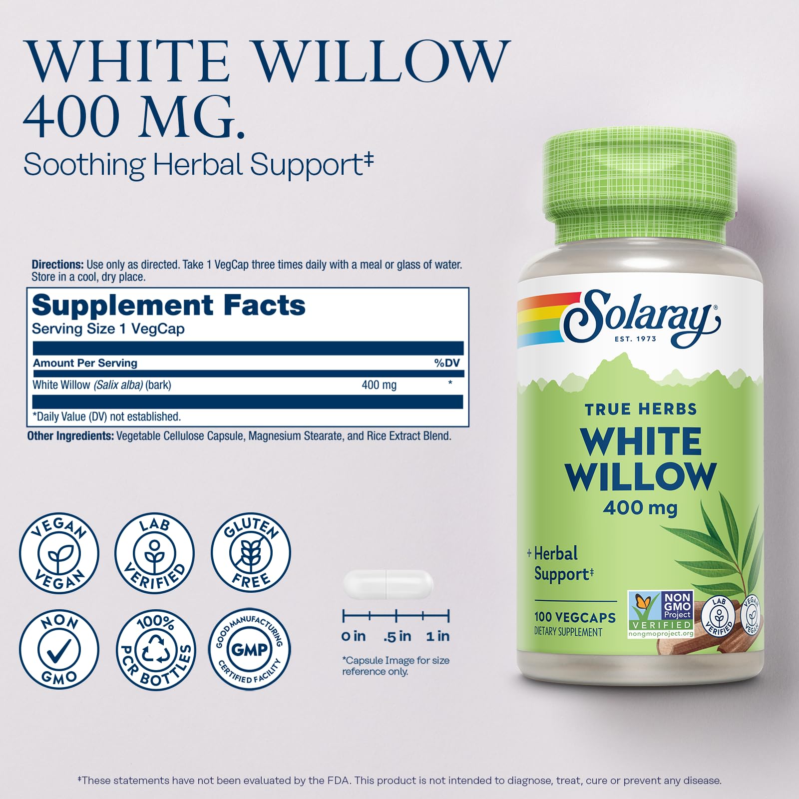 White Willow Bark capsules (100 vegan capsules) and label