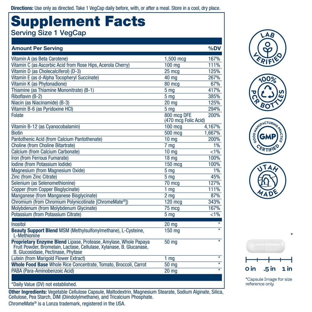 Nutrition facts panel for SOLARAY Once Daily Woman Multivitamin with Iron